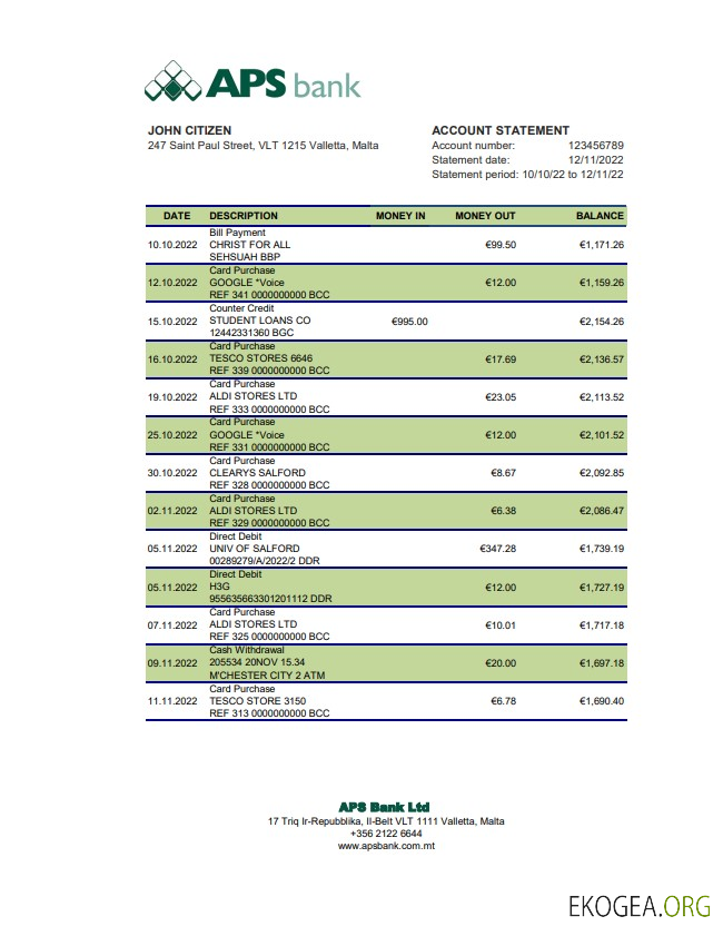 Relevé bancaire APS de Malte xls